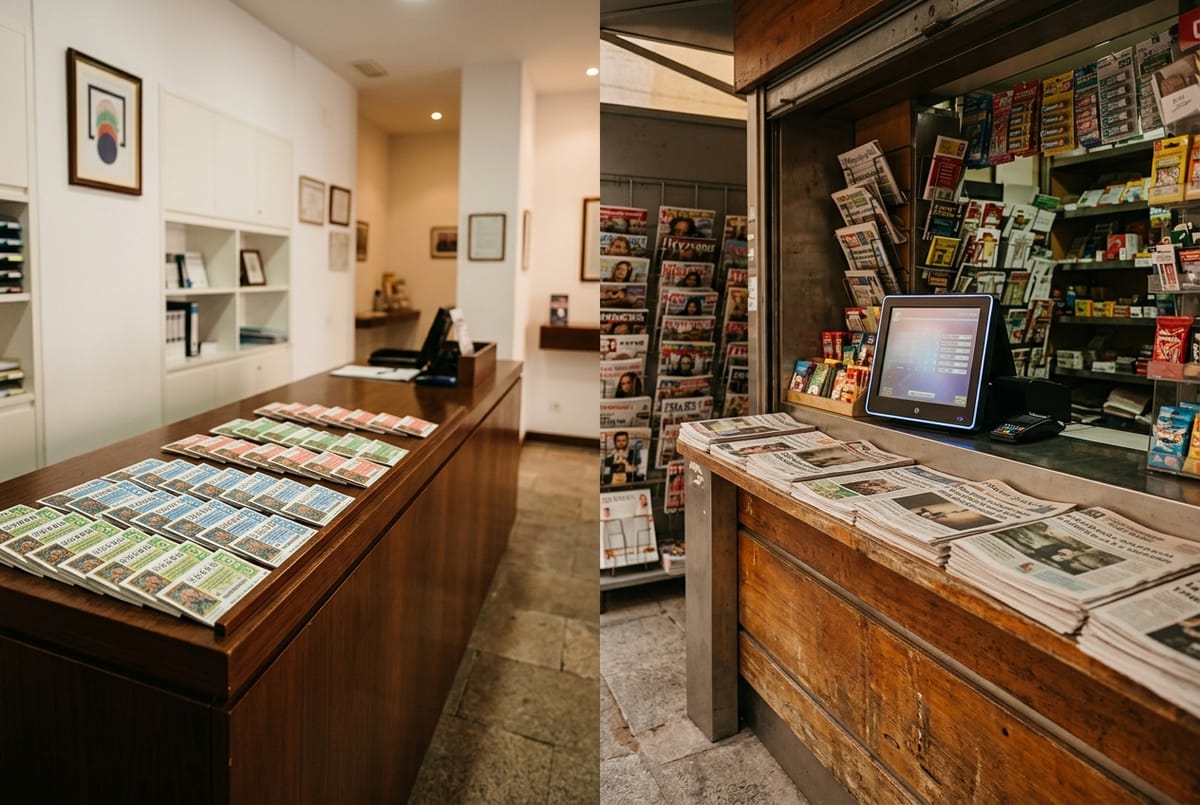 Comparativa entre el mostrador de una administración de lotería integral y un punto de venta mixto con prensa