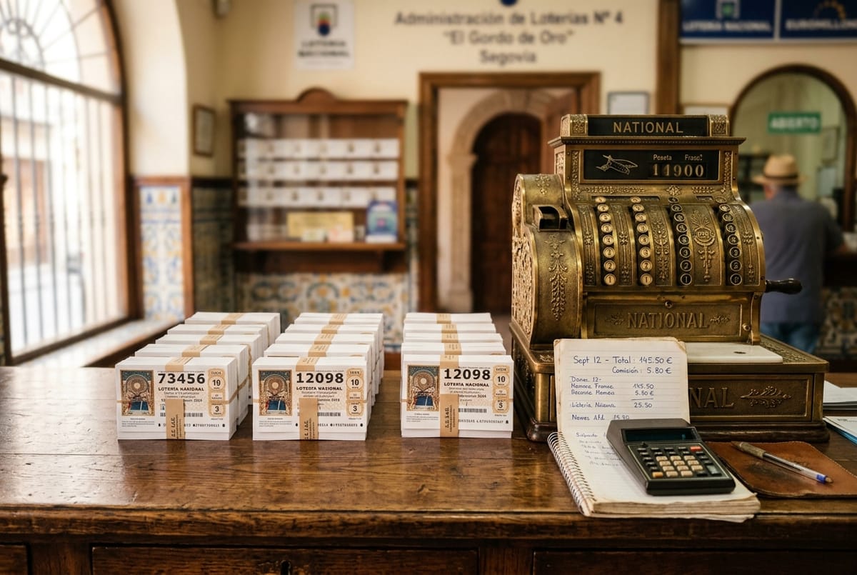 Mostrador de una administración de lotería con décimos, caja registradora y cuaderno de comisiones
