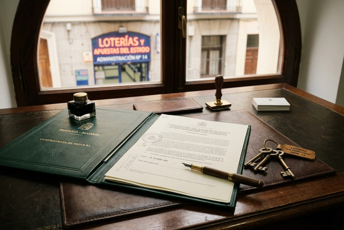 Documentos y llaves del local sobre la mesa en la firma de compra de una administración de lotería