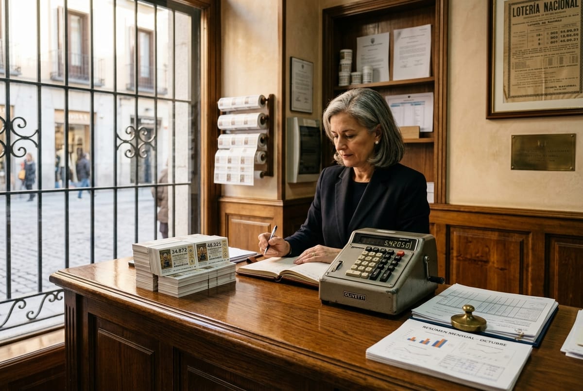 Mostrador de una administración de lotería con décimos, calculadora y documentos de valoración